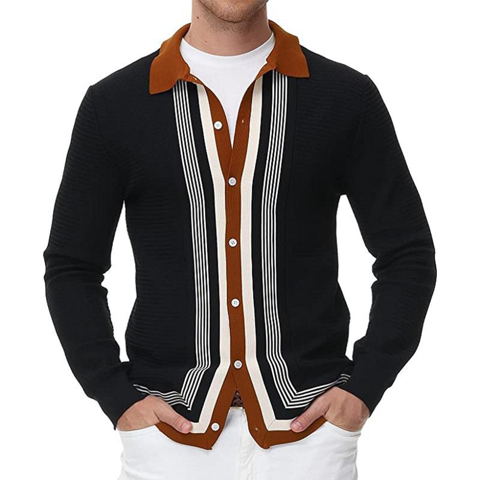 Spring And Autumn Men&s Fashion Long Sleeve Striped Printed Knitted V-Neck Single-breasted Business Cardigan Sweater Topsg3
